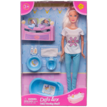 Игровой набор Кукла Defa Lucy Мама в голубых брюках с двумя малышами и игровыми предметами, 29 см